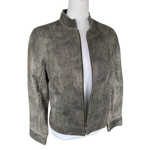 Q.U.E Genuine Leather Moto Jacket Size Small Gray/Brown